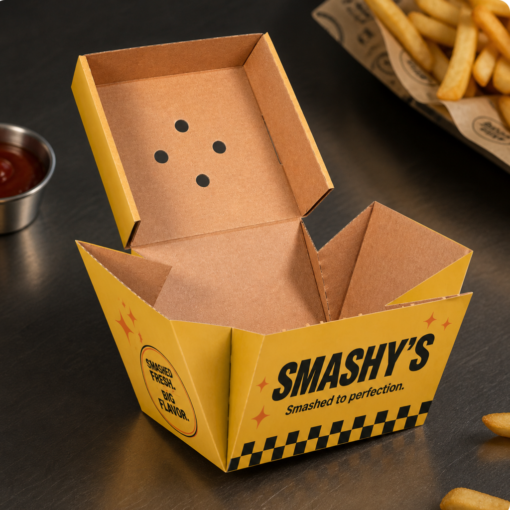 Personalisierte und individuell gestaltete, kubische Burger-Schachteln als stabile Boxen, mit vollflächigem Druck ohne Einschränkungen