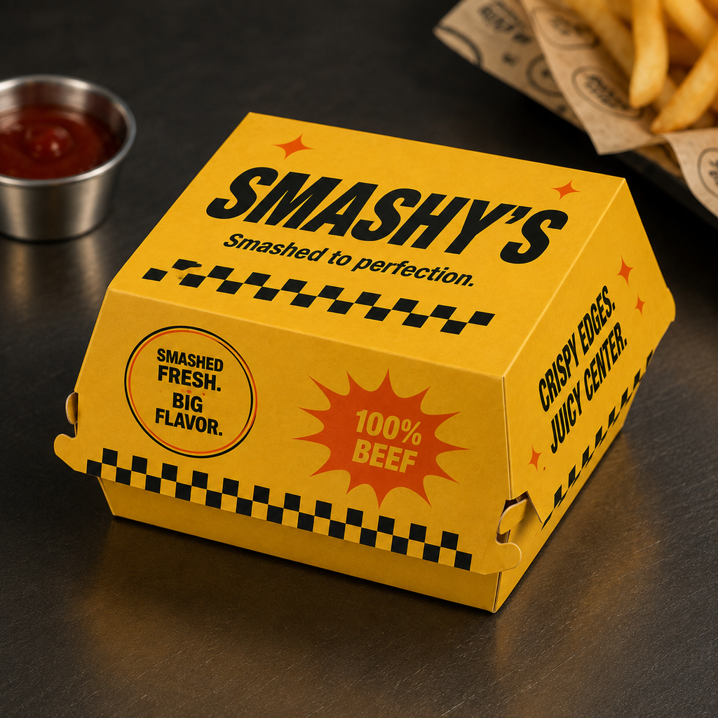 Personalisierte und individuell gestaltbare Classic-Burger-Boxen, vollflächiger Druck ohne Begrenzung