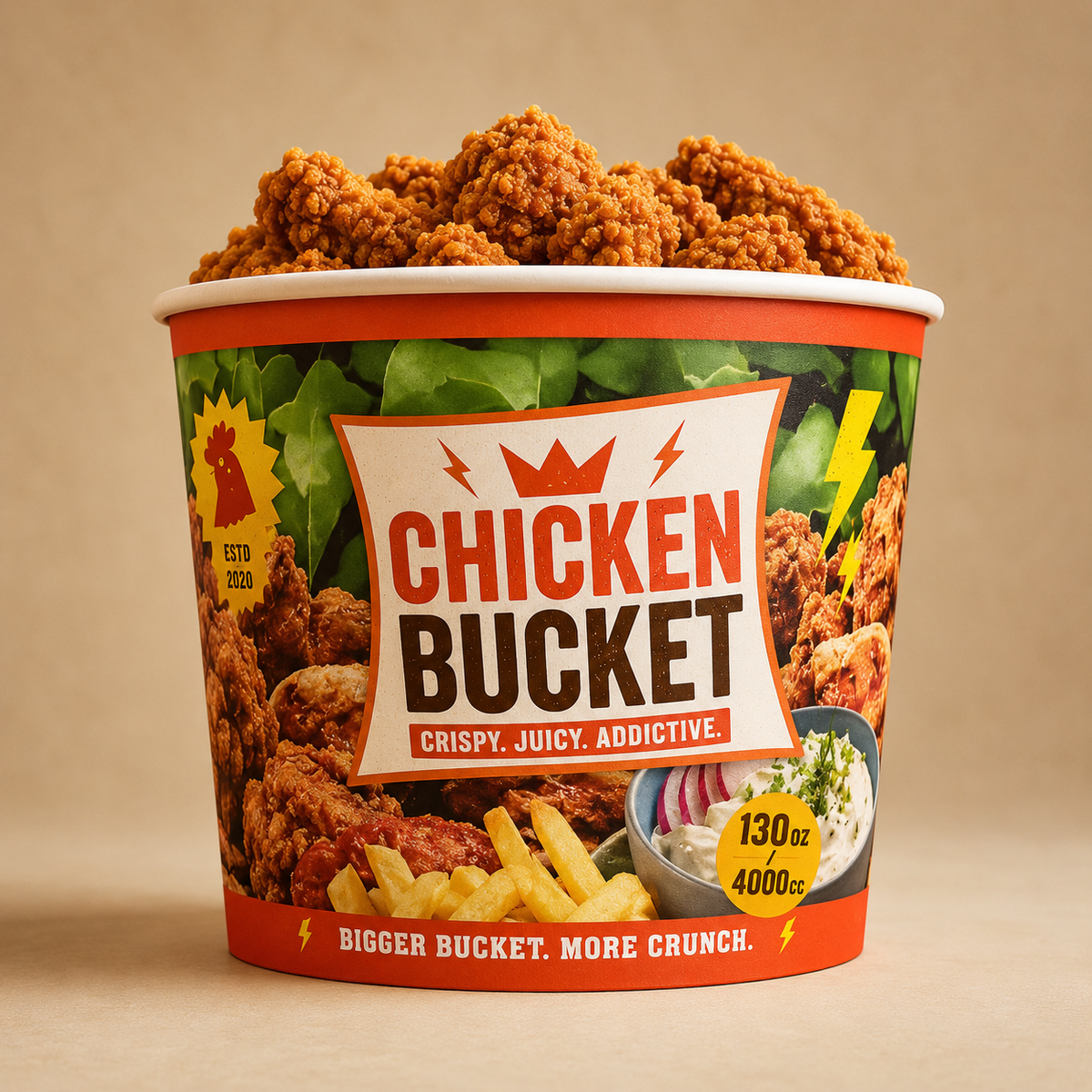 Personalisierte und individuell gestaltbare Chicken-Buckets, vollflächiger Druck ohne Limit