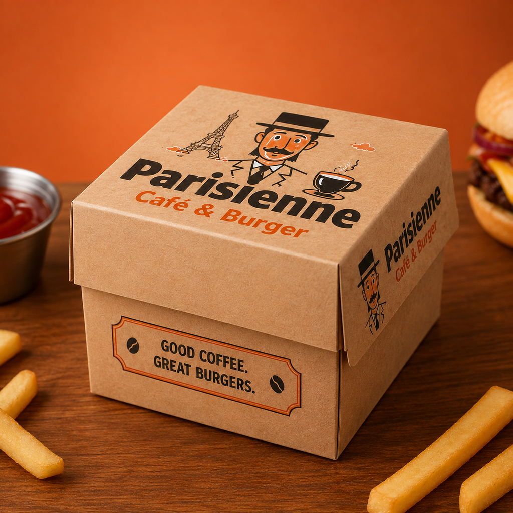 Personalisierte und individuell gestaltete, kubische Burger-Schachteln als stabile Boxen, mit vollflächigem Druck ohne Einschränkungen