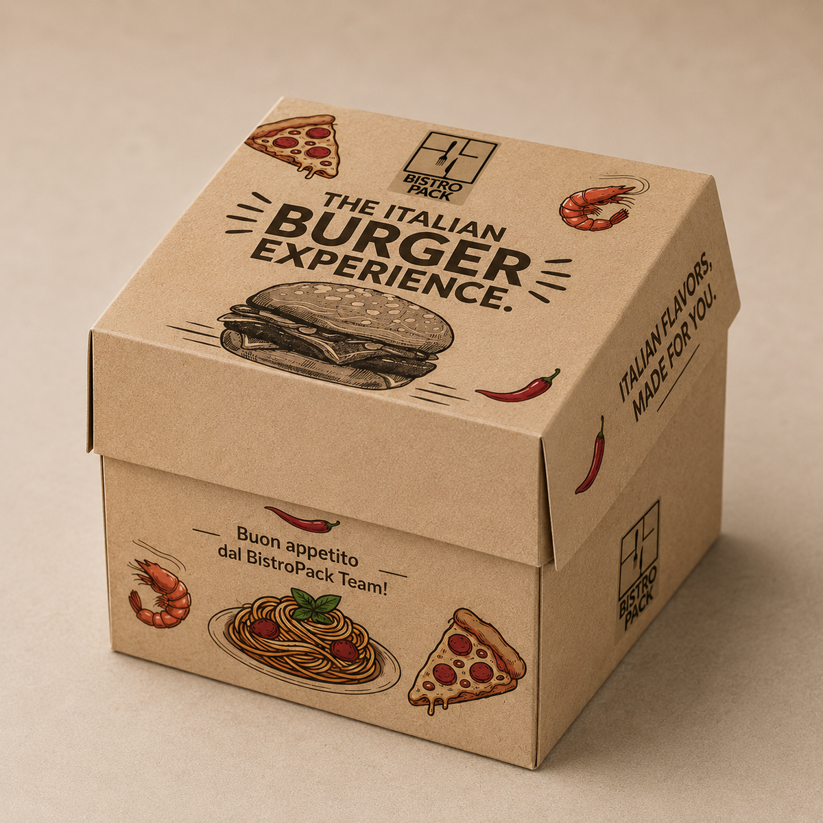 Personalisierte und individuell gestaltete, kubische Burger-Schachteln als stabile Boxen, mit vollflächigem Druck ohne Einschränkungen