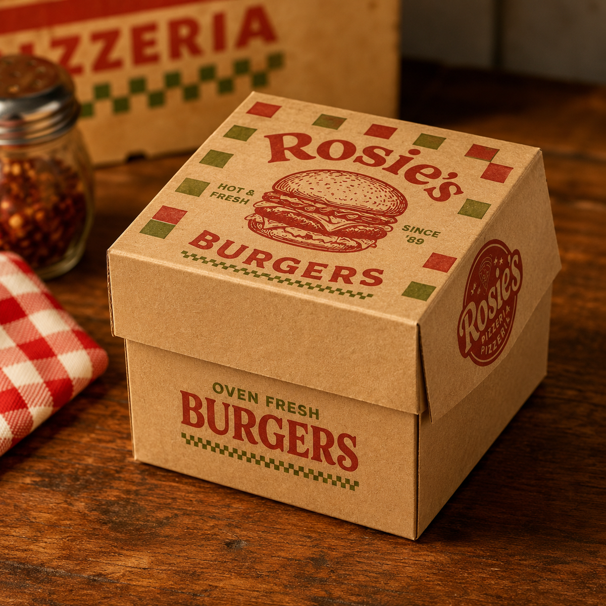 Personalisierte und individuell gestaltete, kubische Burger-Schachteln als stabile Boxen, mit vollflächigem Druck ohne Einschränkungen