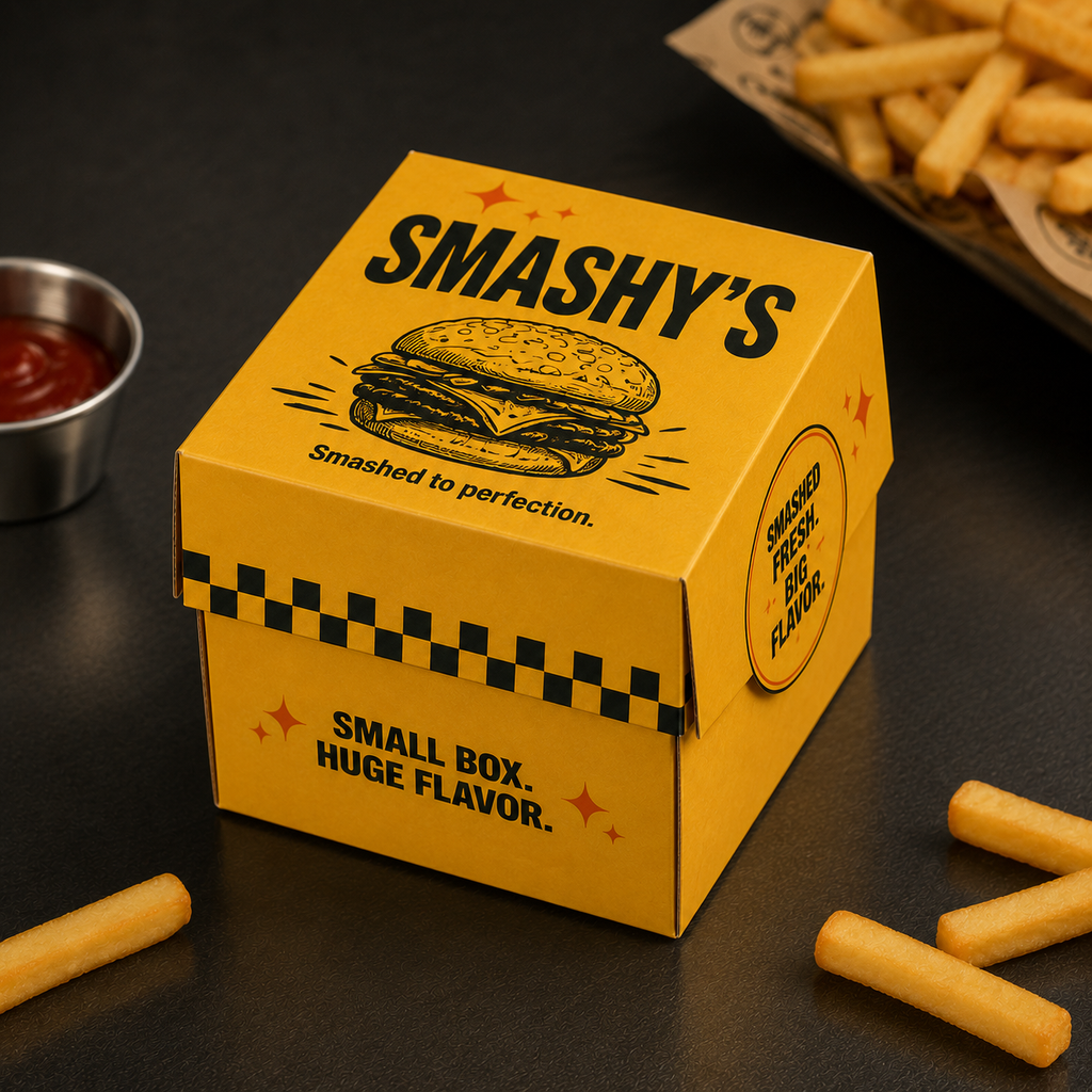 Personalisierte und individuell gestaltete, kubische Burger-Schachteln als stabile Boxen, mit vollflächigem Druck ohne Einschränkungen